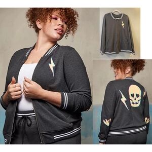 Torrid Lovesick Charcoal Zip Up Skull Bomber Jacket